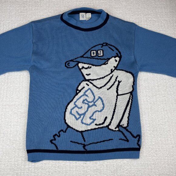 VINTAGE 725 Originals Sweater Blue AOP Y2K Hip Hop Baggy Knit Graphic Size M - Picture 9 of 16